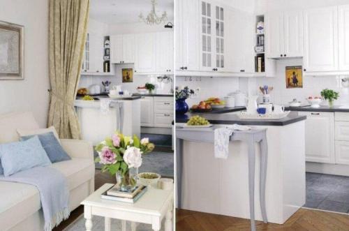 Зонирование кухни перегородкой. Шторы и занавески