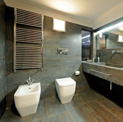 Серая плитка в ванной.  Стильная ванная с серой плиткой