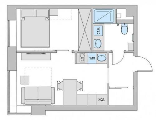 Однушка 43 в двушку. Готовые схемы проектов переделки однокомнатной квартиры в двухкомнатную разной площади