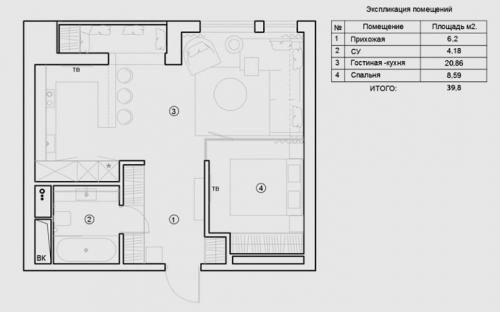 Однушка 43 в двушку. Готовые схемы проектов переделки однокомнатной квартиры в двухкомнатную разной площади